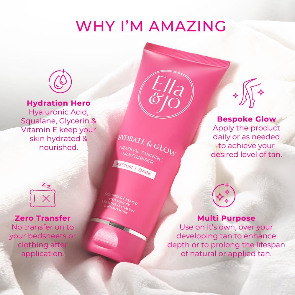 Ella & Jo Hydrate & Glow Gradual Tanning Moisturiser - Dark with Hyaluronic Acid, Squalane & Vitamin E, 200ml, No Transfer Formula