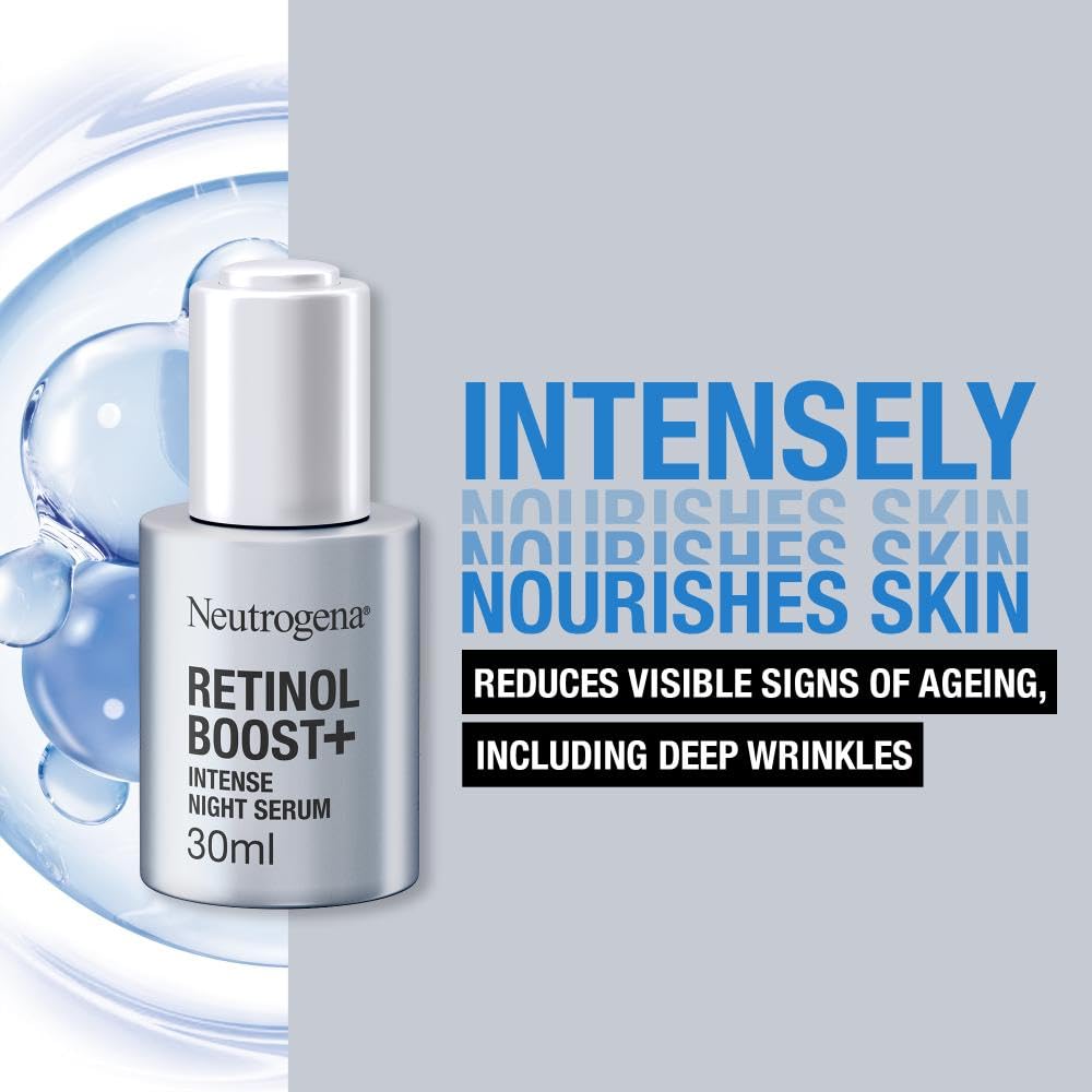 Neutrogena Retinol Boost+ Intense Night Serum (1 x 30ml), Unscented Retinol Serum For Face, Reduces Look of Deep Wrinkles, For Firmer, Younger-Looking Skin