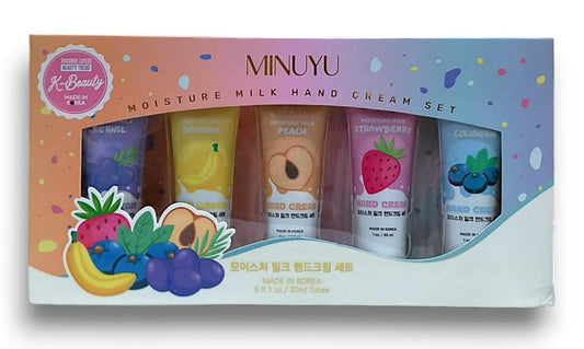 Generic Moisture Milk Hand Cream Set by Mínǖyǖ - Korean Beauty | Retinol - Banana - Peach - Strawberry - Collagen | Made In Korea | 30mL Each[Sealed & Imperfect Box]