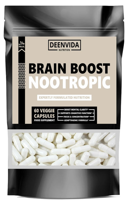 DEENVIDA NUTRITION Halal Brain Boost Nootropic Supplement, Supports Cognitive Function, Energy Levels, Focus & Memory Function, 60 Vegetarian Capsules, with Ashwagandha & Chamomile Extract, DeenVida Nutrition