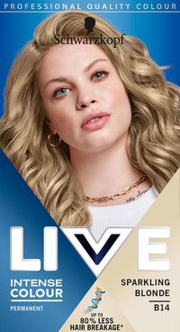 Schwarzkopf LIVE Intense Colour Sparkling Blonde Permanent Hair Dye B14, Long Lasting Blonde Hair Colour for Up to 80% Less Hair Breakage, Hair Lightener with anti-brassiness effect