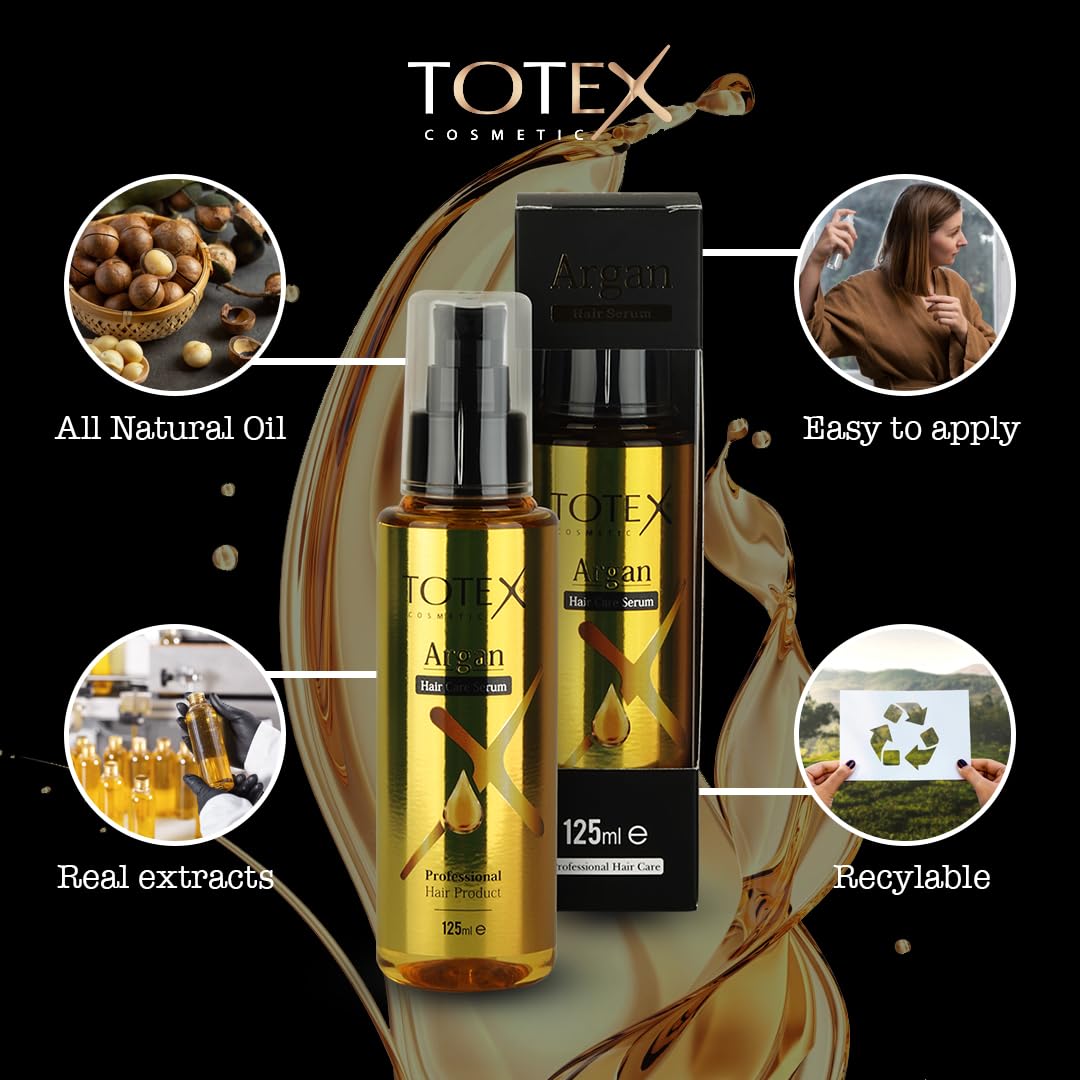 Totex Hair Argan Serum Oil 3x125ml | Hair Repair & Growth Treatment | Anti Frizz & Split Ends Control | Heat Protectant Smoothing Oil | Deep Hydration & Shine for Dry Damaged Hair