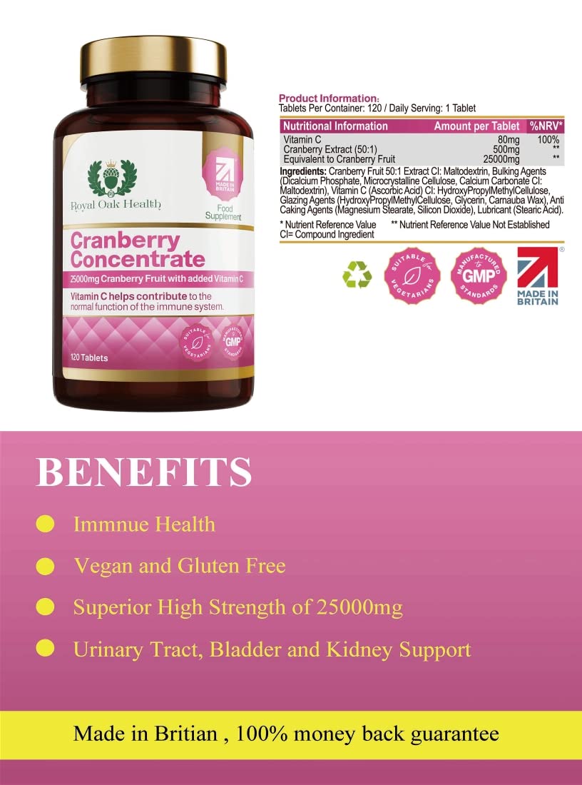 Cranberry Tablets 25000mg of Fresh Cranberries and Vitamin C Non-GMO, Gluten Free, Cranberries Fruit Extract Cranberry Supplements for Women 120 Tablets