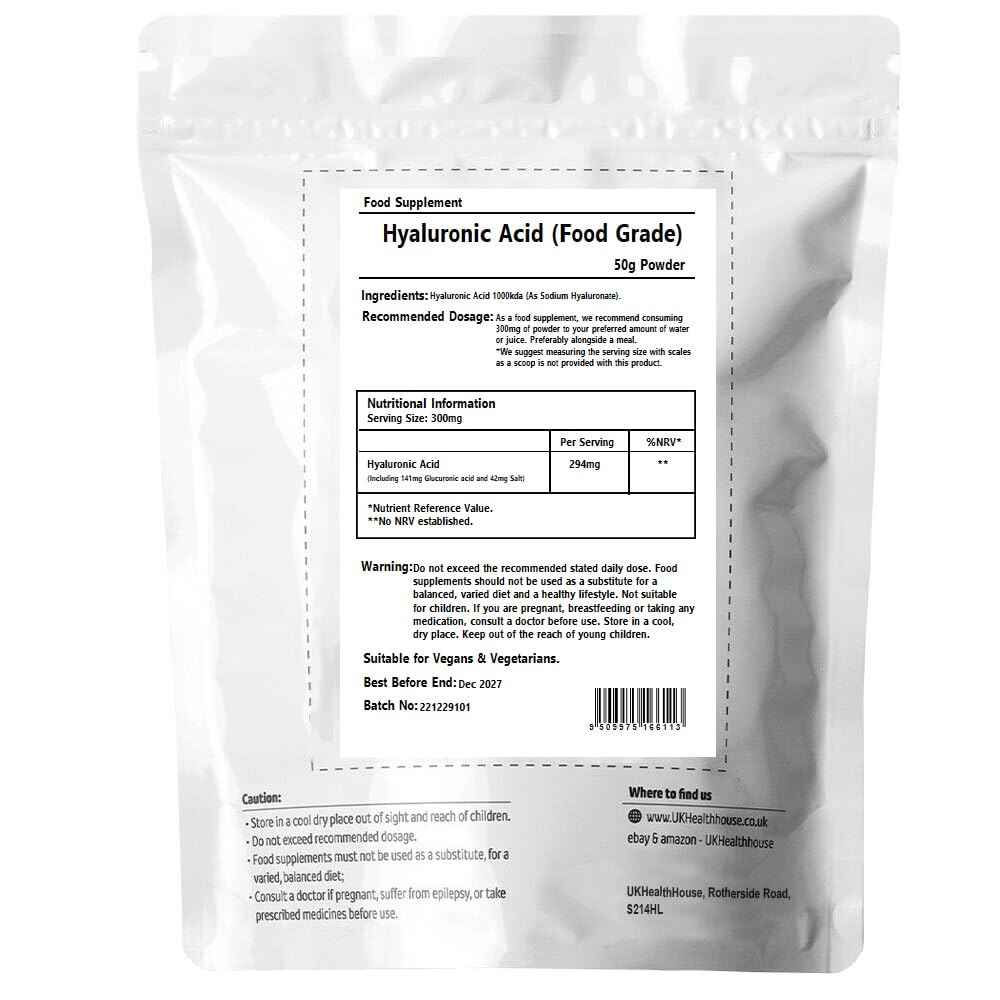 UKHealthHouse Hyaluronic Acid Supplement (1000 KDA) Vegan Triple Strength Hyaluronic Acid Powder Natural Skin, Hair & Joint Supplement for Women & Men (50g)