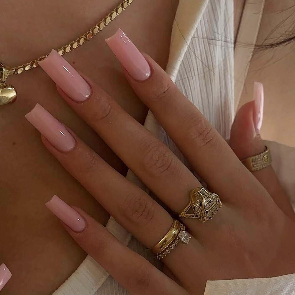 SXVME Pink False Nails Long Square, Acrylic Press on Nails Long Medium Coffin, Glossy Gel Fake Nails Press on, Solid Color Square Tip Nails Stick on Nails For Women Daily Wear, 24 Pcs