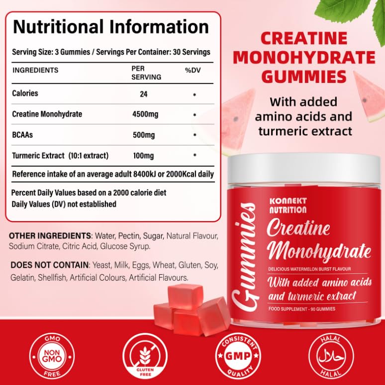 K - KONNEKT Creatine Monohydrate Gummies, Added 500mg BCAAs and Turmeric Extract, 4500mg per Serving, Pre-Workout Gym Supplement for Men and Women (1 Month Supply), Watermelon Burst