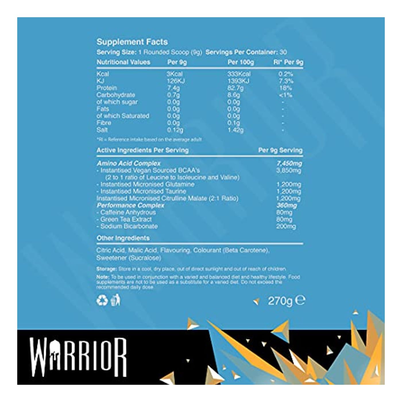 Warrior Supplements Warrior Amino Blast BCAA Powder Amino Acids 270g - Energy Burst 30 Servings, P33877