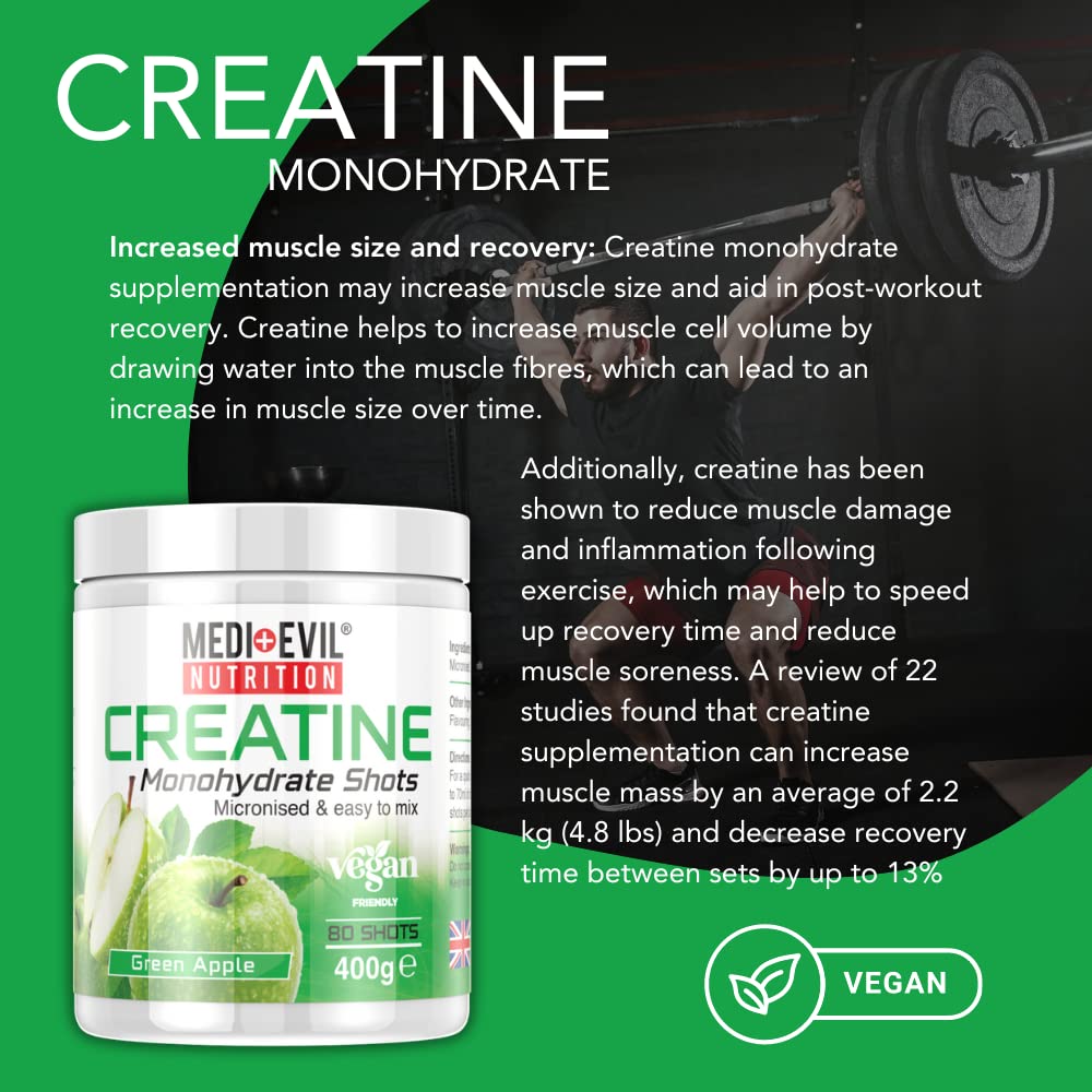 Medi-Evil Nutrition Creatine Monohydrate Powder, Green Apple Flavour, 400g, Micronised for Easy Mixing, Increases Physical Performance