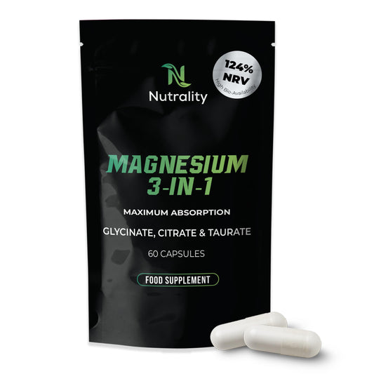Nutrality Magnesium 3-in-1 Complex Food Supplement | 1800mg High Absorption Glycinate, Citrate and Taurate | 352mg Elemental Magnesium | Muscle, Sleep & Nerve Support | Made in UK | 60 Vegan Capsules