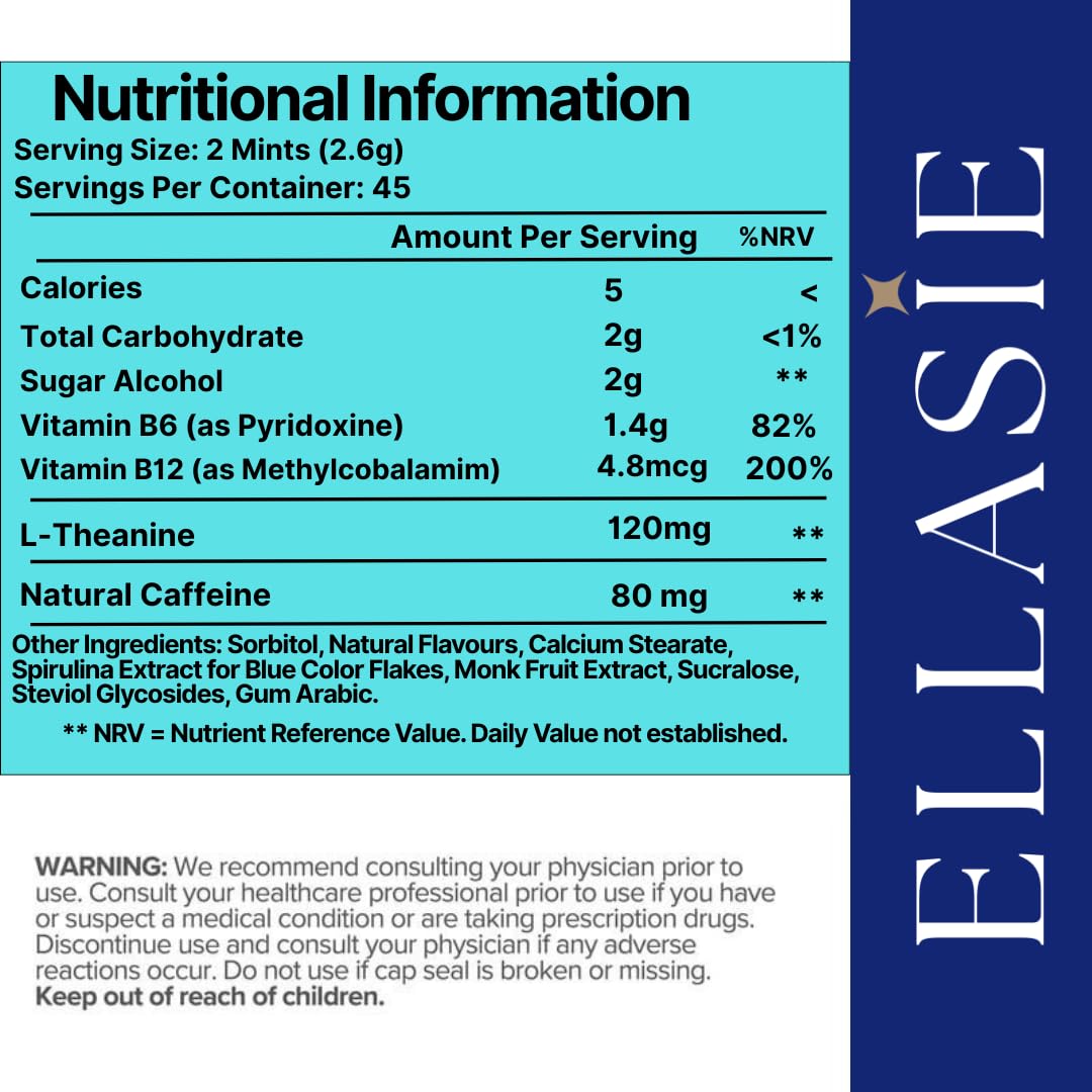 ELLASIE NeuroCharge Energy & Focus Gum (Peppermint, 90 Pieces) | 80mg Natural Caffeine + L-Theanine + Vitamin B12 & B6 | Sugar Free Nootropic Cognitive Brain Performance Supplement
