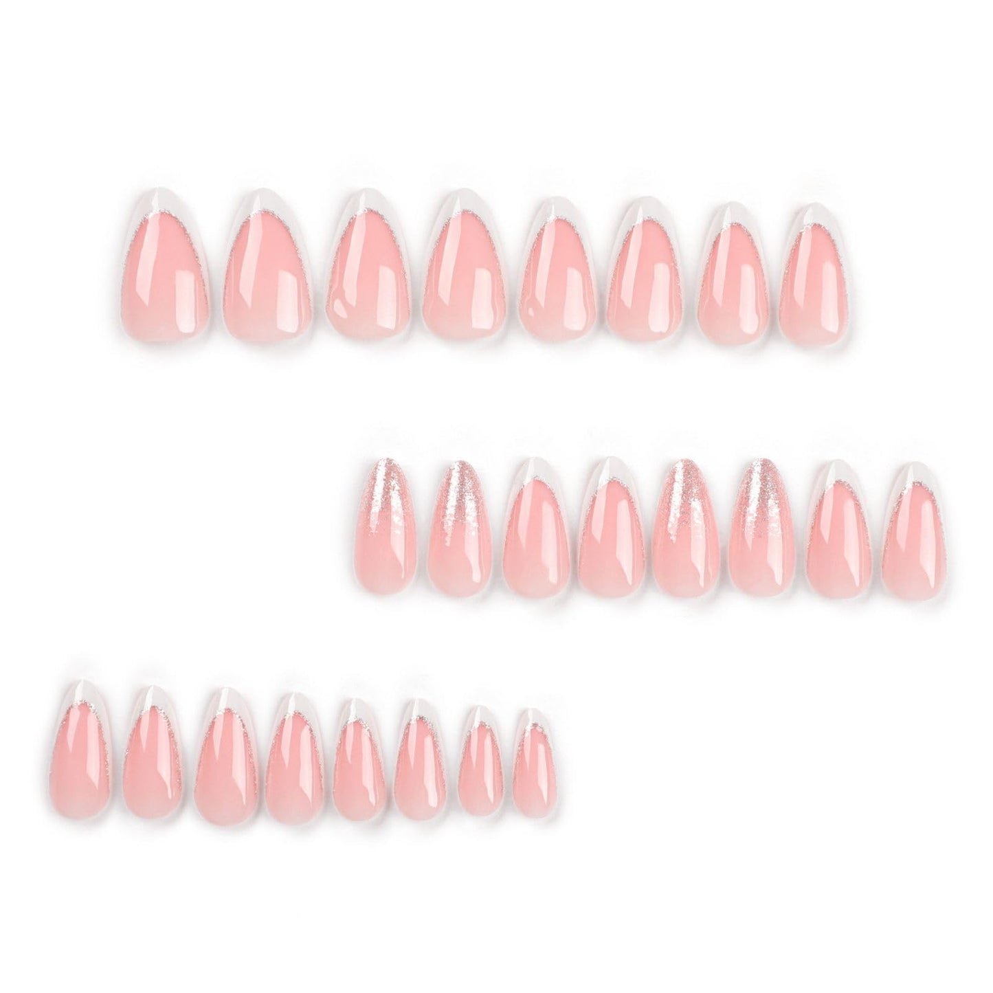 Angwis 24pcs Short Almond False Nails French White Tip Stick on Nails Glitter Silver Press on Nails Removable Glue on Nails Full Cover Fake Nails Women Bridal Nail Art Accessories