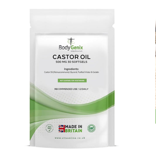 Bodygenix Castor Oil 500mg Softgel - Supports Immune System Skin Hair Health Joint Wellness Relief Natural Health Supplement - 30 Softgels, 1 Month Supply