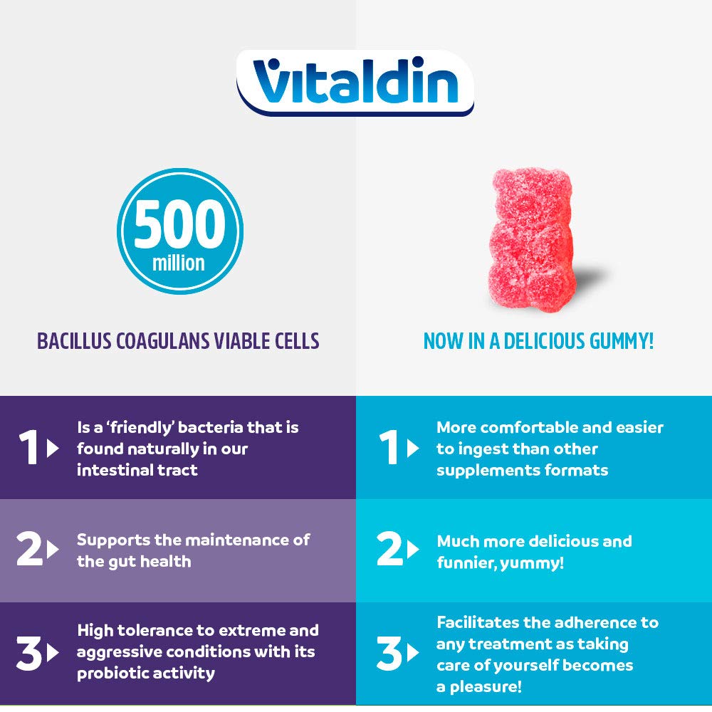 Vitaldin VITALDIN Probiotic Gummies – 500 Million CFU Bacillus Coagulans per Serving – 60 Chewable Gummies (1-Month Supply); Assorted Fruit Flavours – Digestive Support – Gluten Free – for Children & Adults