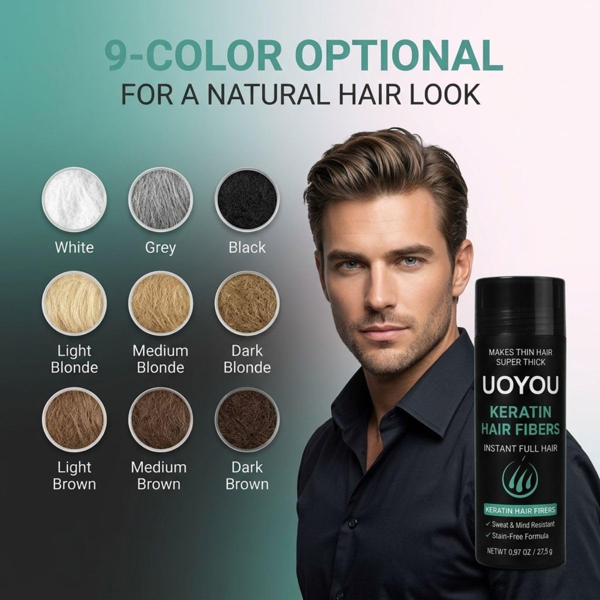 UOYOU LIGHT BROWN Hair Fibres for Thinning Hair 27.5g Bottle | Undetectable & Natural Keratin Hair Fibers Concealer for Hair Loss for Men and Women | Hair Building Fibres Powder [LIGHT BROWN]