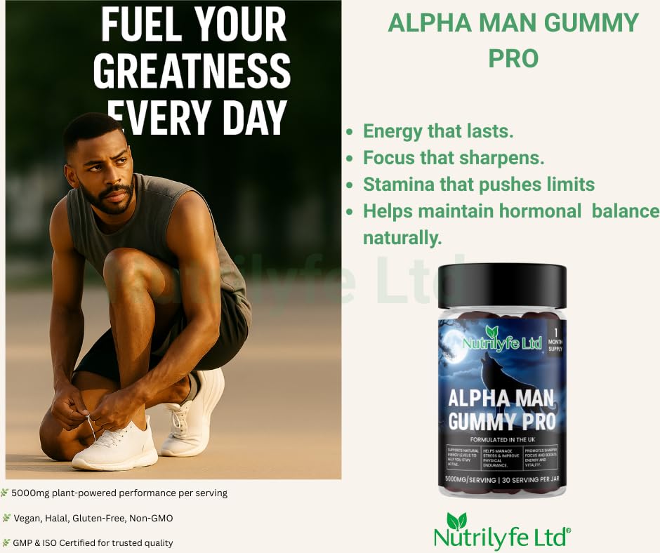 Nutrilyfe Ltd Alpha Man Gummy Pro – 5000mg High Strength Energy, Stamina & Vitality Gummies for Men with Maca, Ashwagandha, Rhodiola, Ginseng & Shilajit | Vegan Food Supplement | 60 Gummies