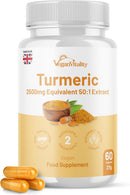 Vegan Vitality Turmeric and Ginger and Black Pepper Capsules, Turmeric Supplement 2,500mg, Ginger 500mg, 92% Curcumin Turmeric Capsules High Strength, Joint Supplement, 2 Months Supply, Vegan, GMP