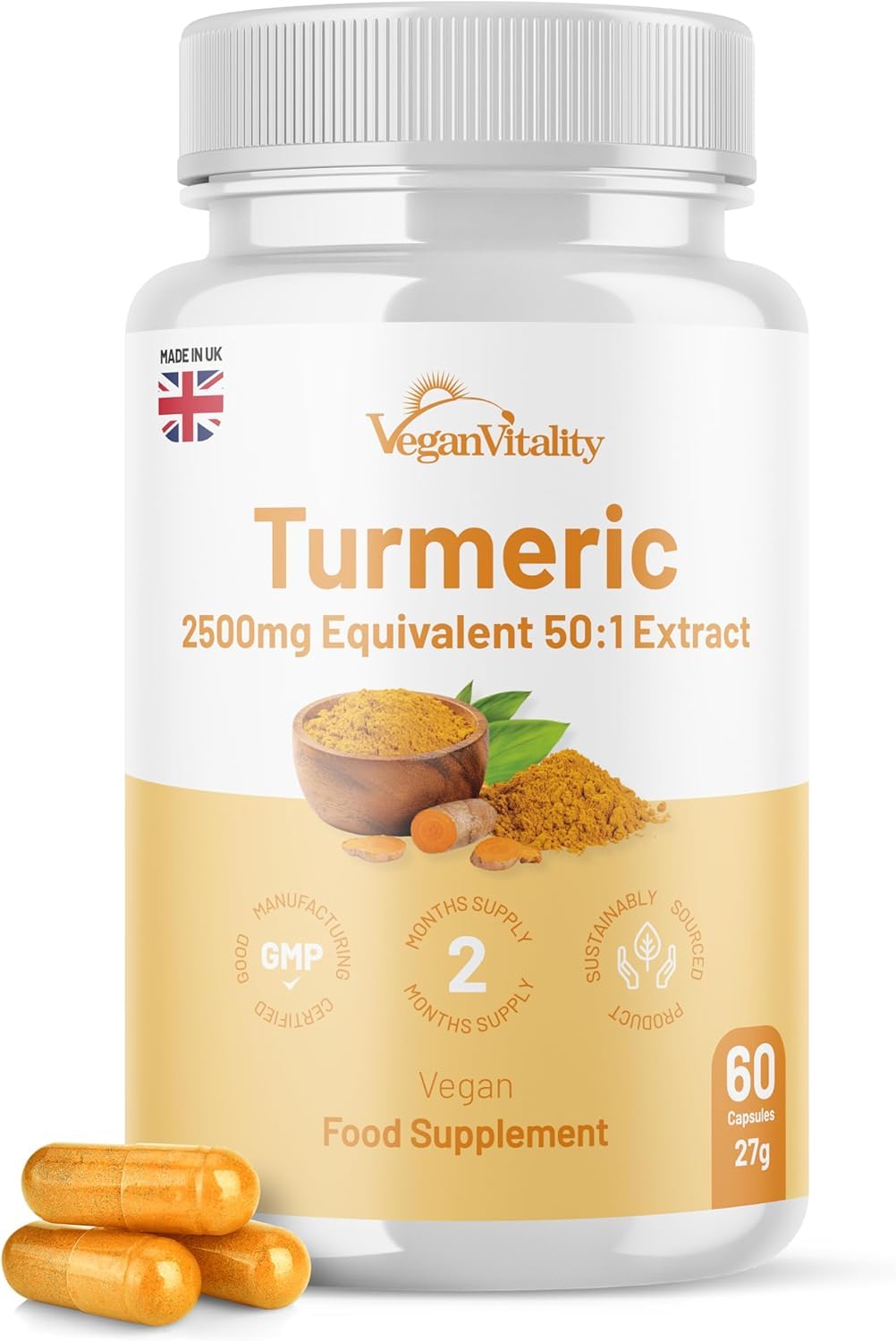 Vegan Vitality Turmeric and Ginger and Black Pepper Capsules, Turmeric Supplement 2,500mg, Ginger 500mg, 92% Curcumin Turmeric Capsules High Strength, Joint Supplement, 2 Months Supply, Vegan, GMP