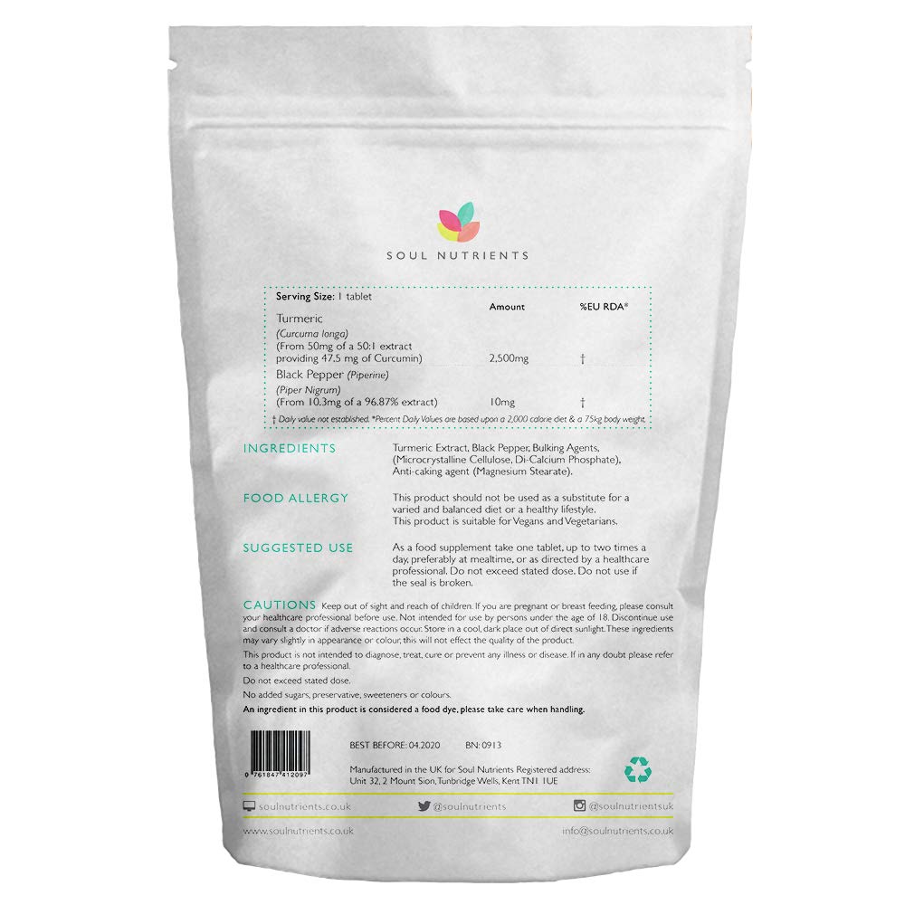 Soul Nutrients Turmeric & Black Pepper 60 Tablets High Strength 2,500mg 95% Curcumin Supplement 10mg Piperine from Black Pepper Extract GMP Manufactured - Naturally Reduces Inflammation & Pain - Suitable for Vegans