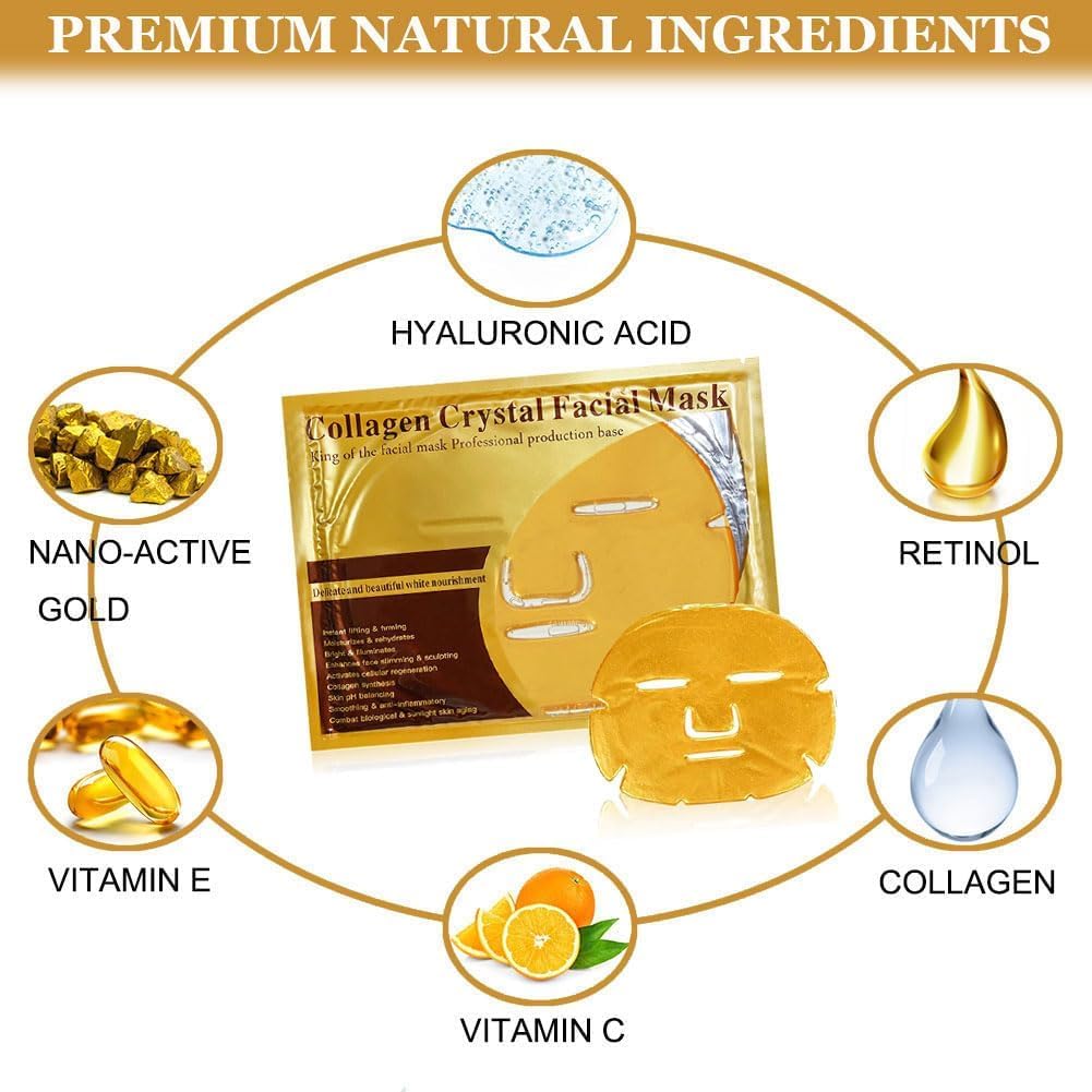 HOKIAMCN 5x New Crystal 24K Gold Powder Gel Collagen Face Mask Masks Sheet Patch,Anti Ageing Aging,Skincare,Anti Wrinkle,Moisturising,Moisture,Hydrating,Uplifting,Whitening,Remove Blemishes & Blackheads