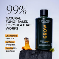 MÁDARA Organic Skincare | Grow Volume Shampoo – 250ml, With caffeine, biotin (B7) and niacin (B3), Fungi-based natural hair growth shampoo for fine, thinning hair, COSMOS natural certified