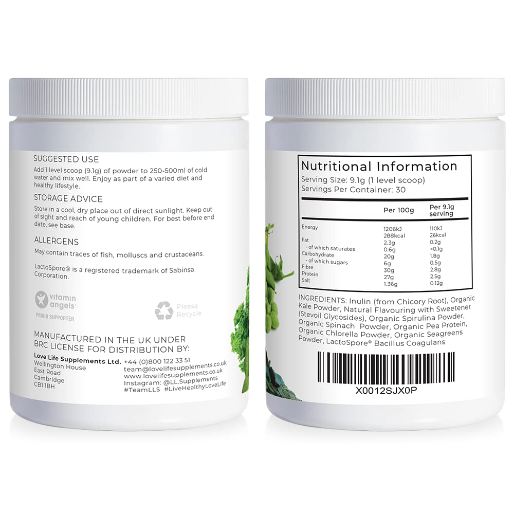 Organic Greens Powder | Orange and Lime Flavour | 273g - 30 Servings | 7 Organic Green Vegetables Including Pea Protein | Includes Prebiotics (Inulin) and Probiotics (Lactospore® Bacillus Coagulans)