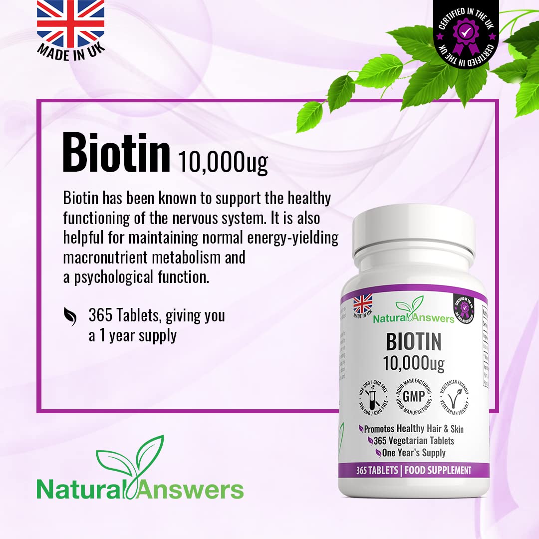 Natural Answers 365 Biotin Hair Growth Tablets (1 Years Supply) - Vegetarian 10,000UG Vitamin B7 Supplements for Men and Women, Healthy Hair, Skin & Nails Support - UK Manufactured