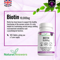 Natural Answers 365 Biotin Hair Growth Tablets (1 Years Supply) - Vegetarian 10,000UG Vitamin B7 Supplements for Men and Women, Healthy Hair, Skin & Nails Support - UK Manufactured