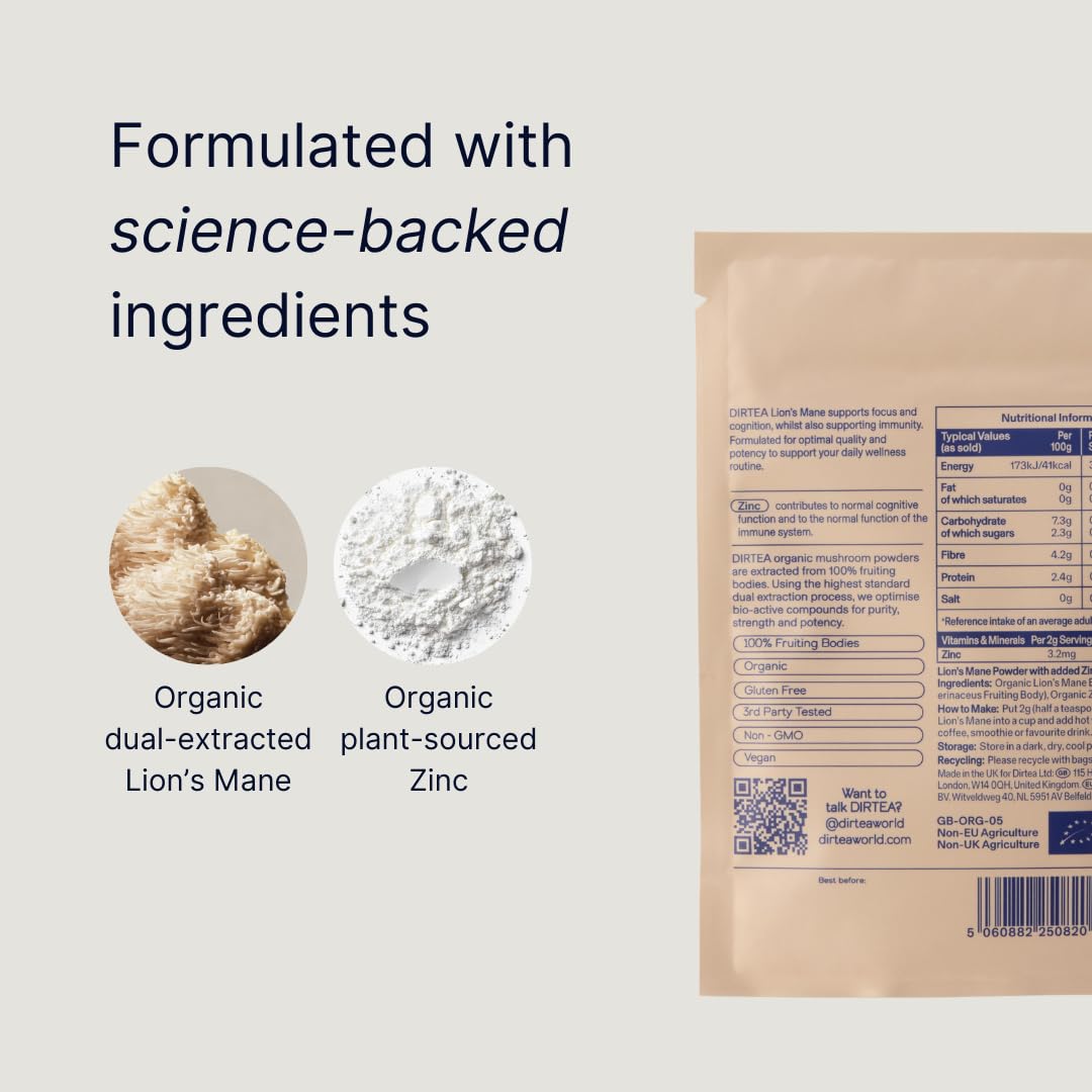 DIRTEA Lions Mane Mushroom Powder | 100% Organic | Vegan | Non GMO | Cognitive Function Support and Memory Booster Nootropic - Premium Lion's Mane Extract | Pouch 60g - 30 Day Serving