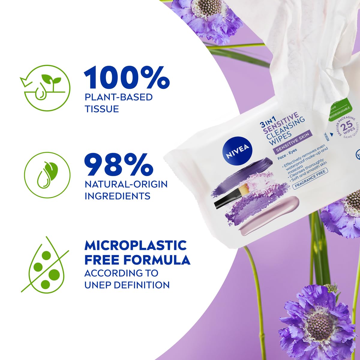 NIVEA Biodegradable Cleansing Wipes Sensitive Skin, Wipes from 100 percent Plant Fibres, Sensitive Make-Up Wipes, Face Wipes Makeup Remover, 25 Count (Pack of 1)