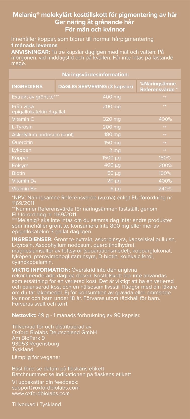 Melaniq Hair Pigmentation Supplement - Anti Gray Hair Tablets for Men Women - Premature Grey Hair Treatment Vitamins - Melanin Support Anti-Ageing Naturally-Based Vegetarian Capsules, 1 Month Supply