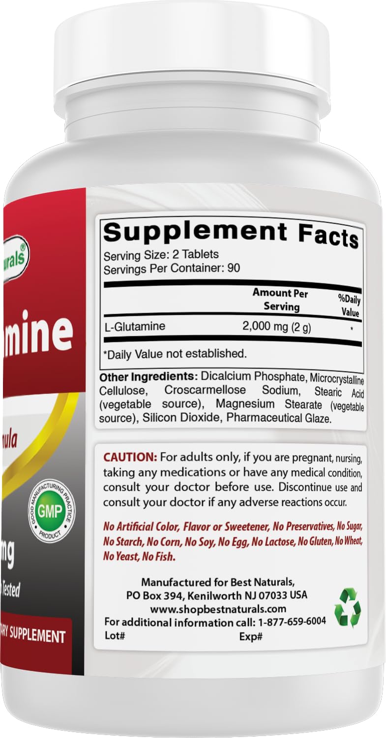 Best Naturals L-Glutamine 1000 mg 180 Tablets - Glutamine Fuel for Workout & Supports Muscle Recovery from Workouts (180 Count (Pack of 1))