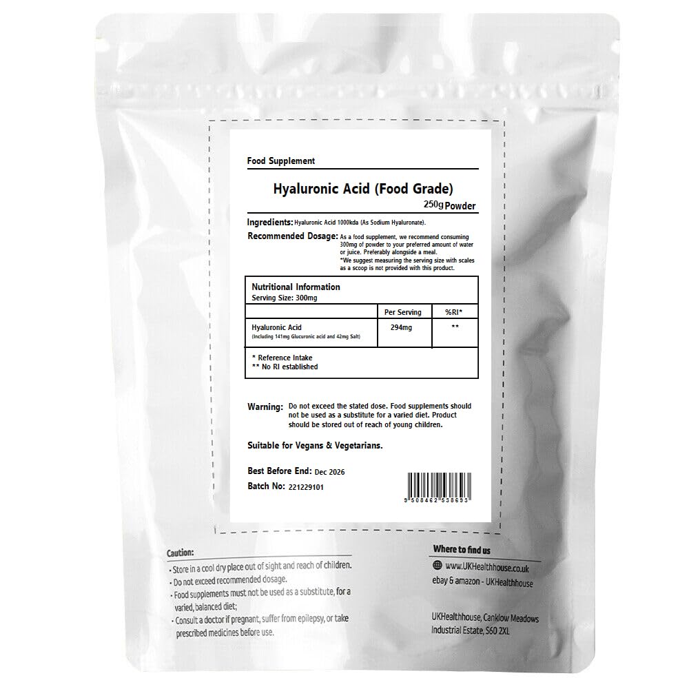UKHealthHouse Hyaluronic Acid Supplement (1000 KDA) Vegan Triple Strength Hyaluronic Acid Powder Natural Skin, Hair & Joint Supplement for Women & Men (250g)