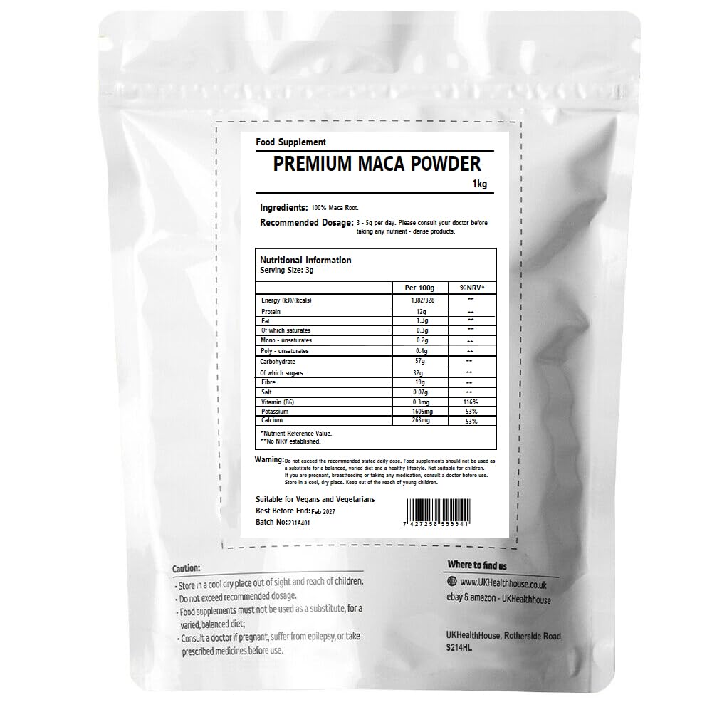 UKHealthHouse Premium Maca Root 1 kg Powder - Raw (Strong 4 Root Peruvian Superfood) 100% Maca Korzeń Proszek High Peruvian Energy Support