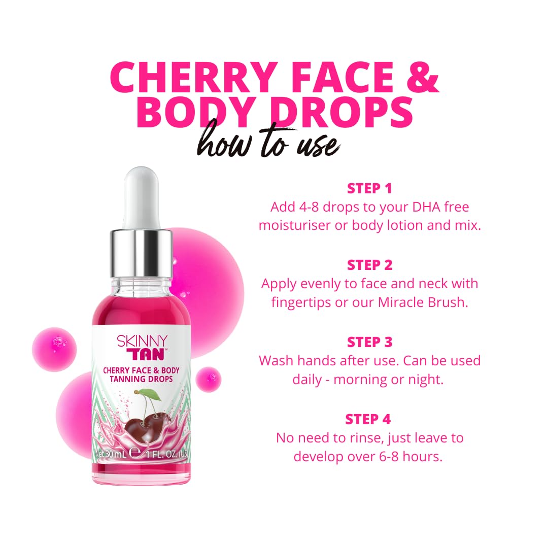 Skinny Tan Cherry Face Tanning Drops - Face & Body Drops, Cherry Extract, Aloe Vera, Vitamin E, Enhance Your Complexion, Transform Skincare Into Gradual, Vegan & Cruelty Free Skincare, 30ml