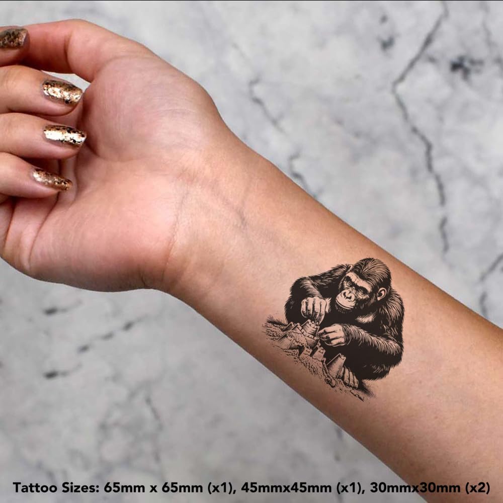 Azeeda 4 x 'Gorilla Building Sand Castles' Temporary Tattoos - Water Resistant, Skin-Safe, Non-Toxic Transfers, Mixed Sizes (TO00076122)