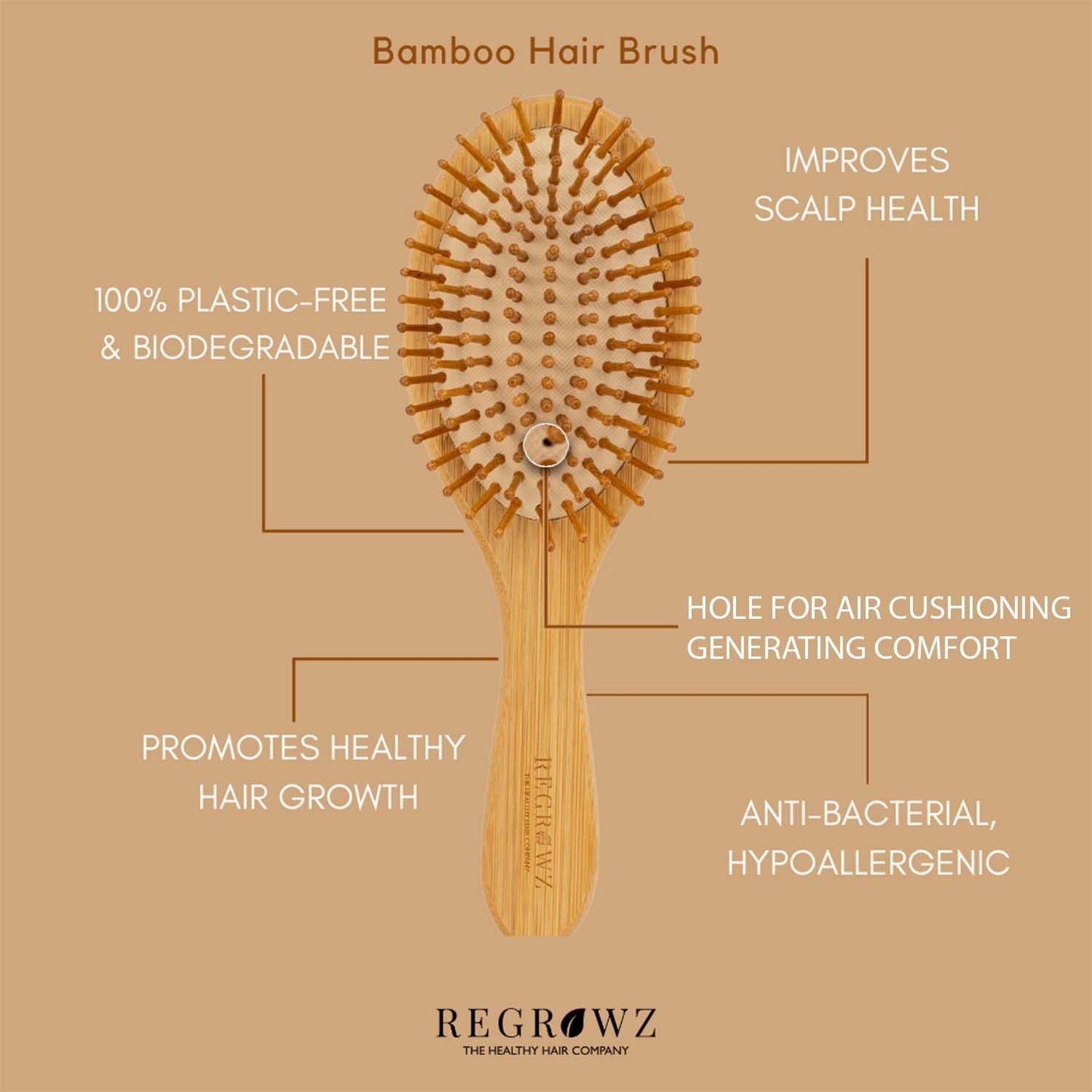 Regrowz Bamboo Paddle Hairbrush with Round Bristles - Detangle Hair & Reduce Hair Breakage - Perfect Hair Care Tool
