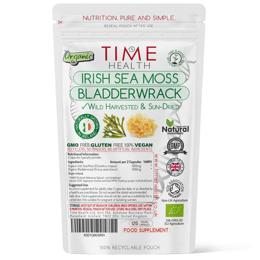 Organic Irish Sea Moss & Bladderwrack - 120 Capsules - Wild Harvested & Sun-Dried - Grown in Ireland - Pristine Atlantic Waters - 92 Essential Nutrients - Dr. Sebi - UK Made - GMP - No Additives
