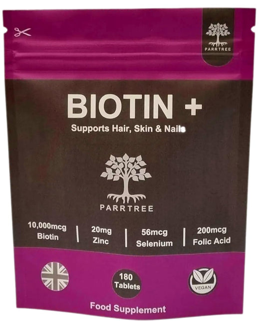 PARRTREE Biotin + Hair Growth Food Supplement - Enhanced with Zinc Selenium & Folic Acid - 180 Tab;ETS - Biotin 10,000 mcg - Vegan Hair Nails Skin Vitamins for Women & Men - UK Made