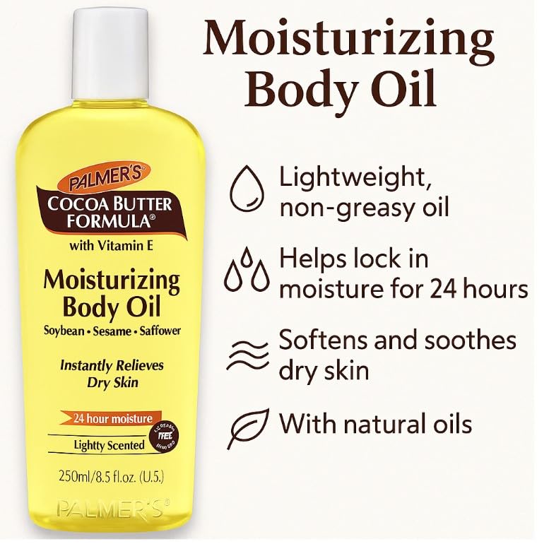 Palmer's Cocoa Butter Formula Moisturizing Body Oil with Vitamin E 250ml – Dry Skin Relief, Lightweight Hydrating Oil for Body, Safflower & Sesame Oil, Light Scent, 24-Hour Moisture