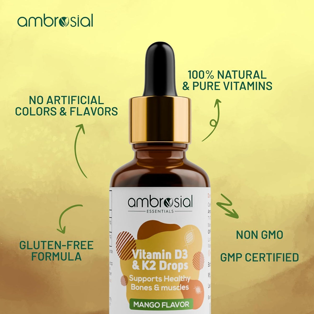AMBROSIAL Ambrosial Vitamin D3 + K2 Drops – High Strength Liquid Supplement for Adults & Kids – 500 IU Vitamin D3 + 50 mcg Vitamin K2 – Mango Flavour, Gluten Free, Non-GMO, Easy-to-Take Vitamin D Liquid – 30 ml