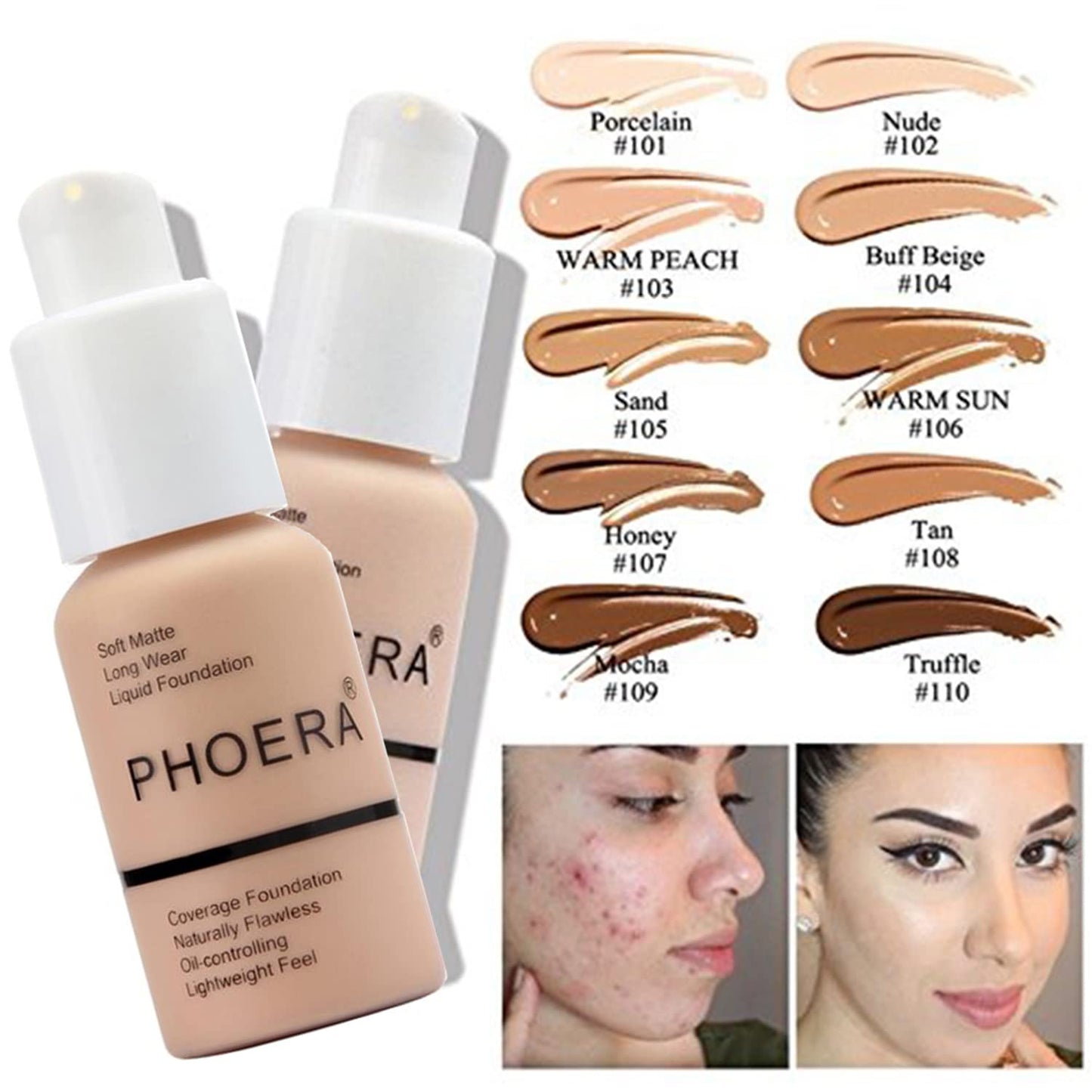 Hilareco PHOERA Tinted Moisturizer Foundation Serum, 4-in-1 Hydrating, Primer, & Foundation, Hydrate skin Serum, PHOERA Foundation Makeup Full Coverage (103+N02/Warm Peach+ Nude)