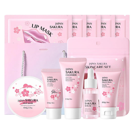 TBeautfave Skincare Gift Set for Teenage Girls, Cherry Blossom Skin Care Sets & Kits, Pamper Sets for Women Gifts, Travel Skincare Sets, Facial Kit - Cream,Serum,Cleanser,Sunscreen,Mud Mask,Lip Masks