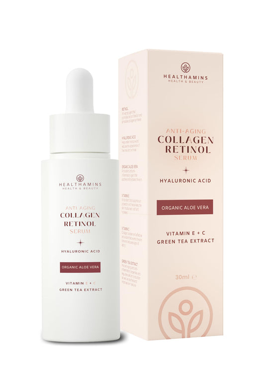 Healthamins Collagen Retinol Anti Ageing Serum | With Hyaluronic Acid, Vitamin C and E, Aloe Vera, & Green Tea Extract | For Fine Line and Wrinkles, Repair, Brightening, Even Tone Serum | 30ml