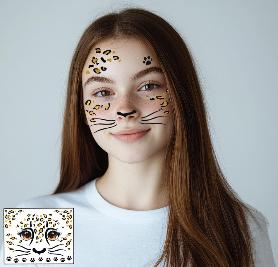 Dercylele 8Pcs Halloween Face Tattoo for Kids, Animal Tattoos Halloween Temporary Face Stickers Leopard Print Glitter Face Stickers Makeup Stickers Festival Party Stage Makeup (8Psc-kid tattoo)