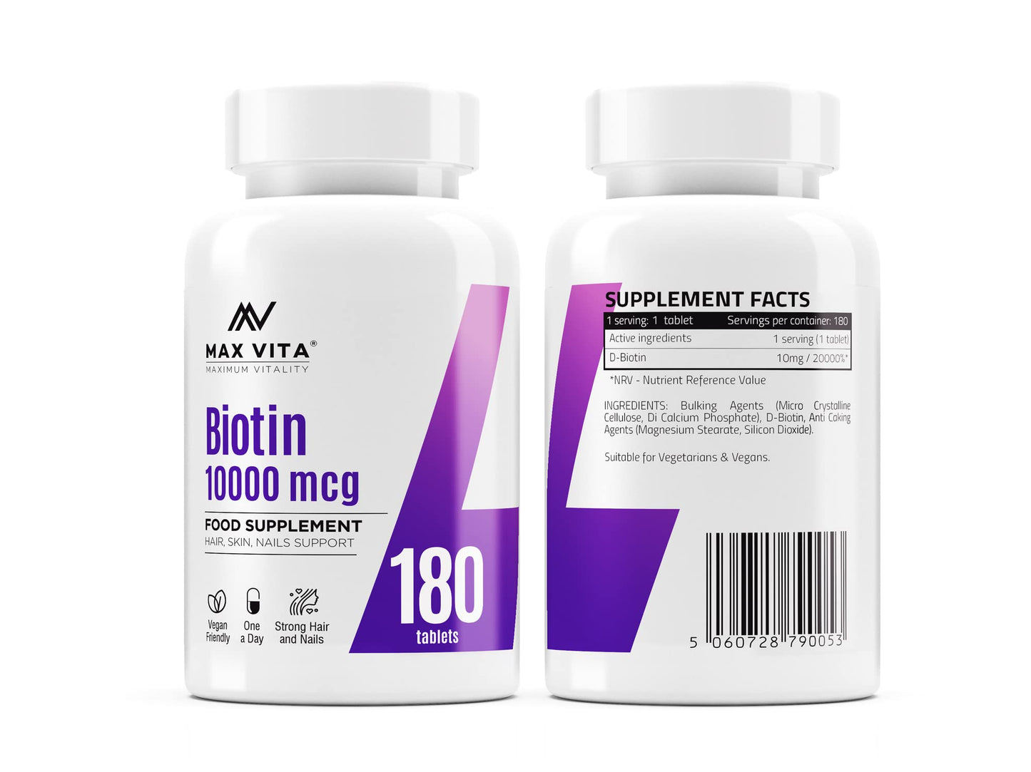 MAX VITA MAXIMUM VITALITY Biotin 10,000mcg High Strength Supplement for Men and Women|Supports Healthy Hair, Skin & Nails|180 Vegetarian Tablets (Non-GMO, Gluten Free) Made in The UK