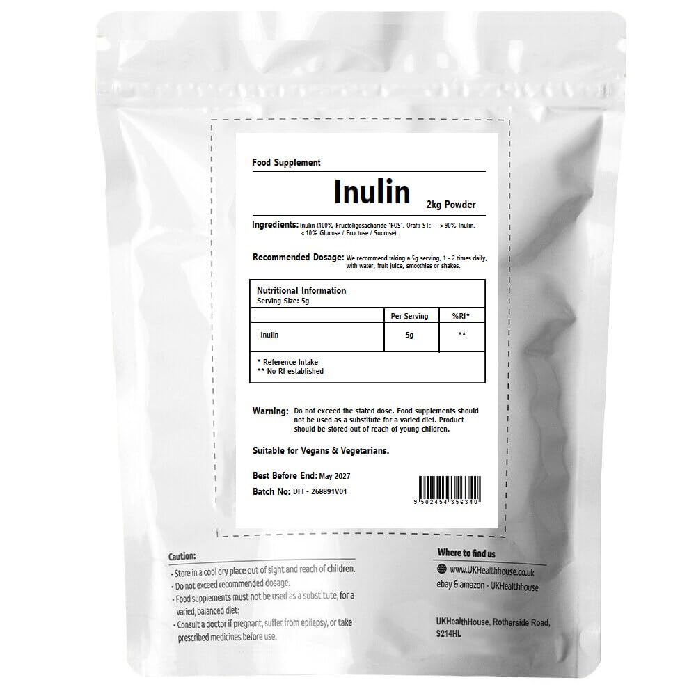 UKHealthHouse Prebiotic Inulin Fibre Powder High Grade Supplement Premium Chicory Root 100% Pure Inulin Highly Soluble Fructo Oligosaccharide (FOS) (2kg)