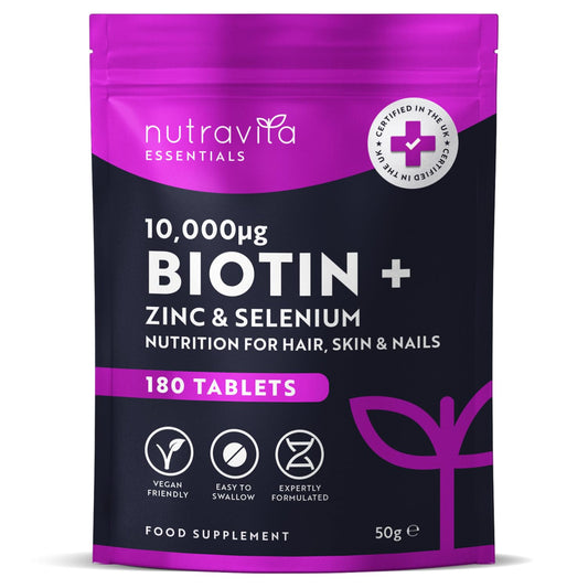 Nutravita Biotin Hair Growth Supplement 10,000mcg - Scientifically Proven to maintain normal Hair Skin & Nails - 180 High Strength Vegan Tablets with Zinc & Selenium - Biotin Vitamins for Women & Men