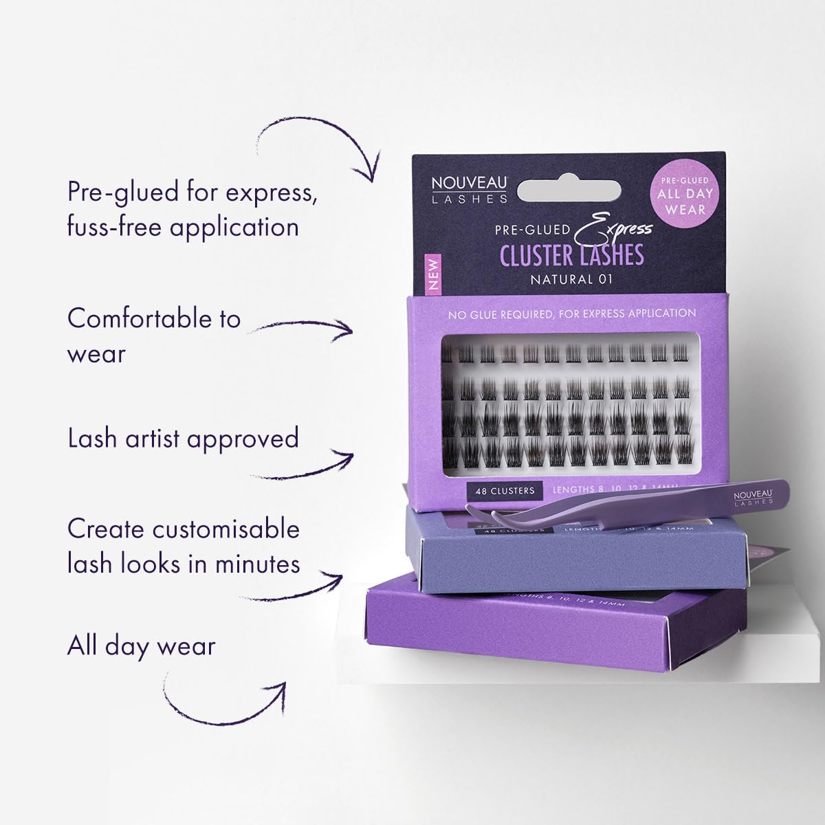 Nouveau Lashes Pre-Glued Express Cluster Lashes - Reusable & Customisable Lash Clusters - 8, 10, 12, 14mm Length - 44/48 Clusters Per Pack (Natural 01)