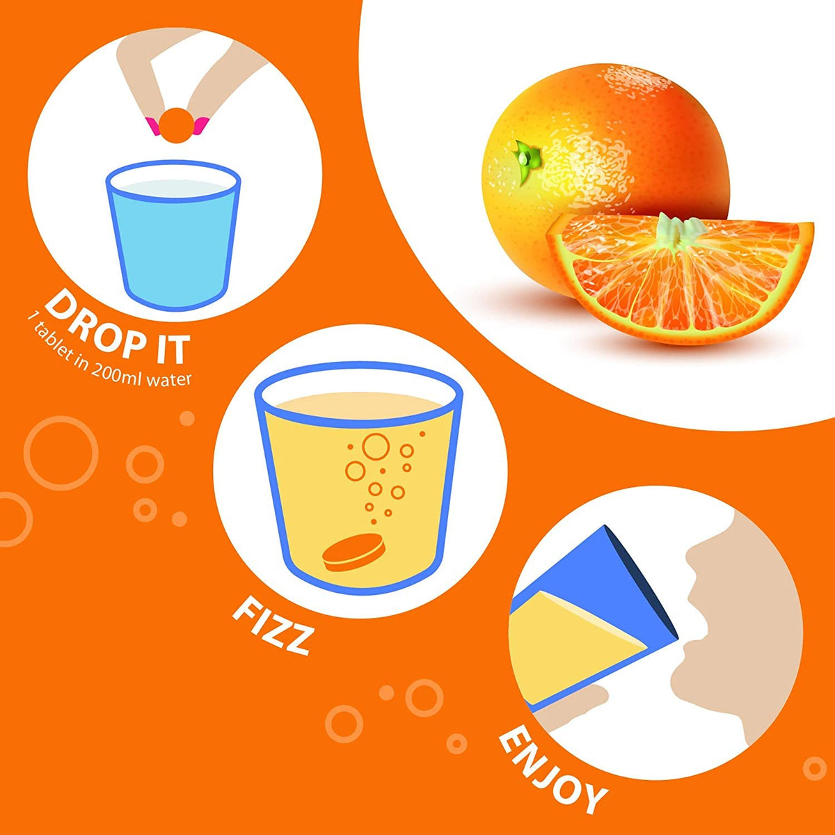 Vitamin C 1000mg Effervescent Tablets - Orange Flavour - 6 Tube of 20 Tablets (120) - Club Vits