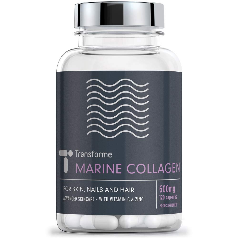 Transforme Marine Collagen Capsules 600mg - 1200mg Serving, Hydrolysed Collagen Peptides with Vitamin C, Mineral Zinc, 120 High Strength Capsules, Gluten Free